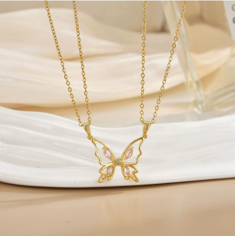 Collier Papilio papillon plaqué or 14K en acier inoxydable, résistant à l’eau et à la décoloration